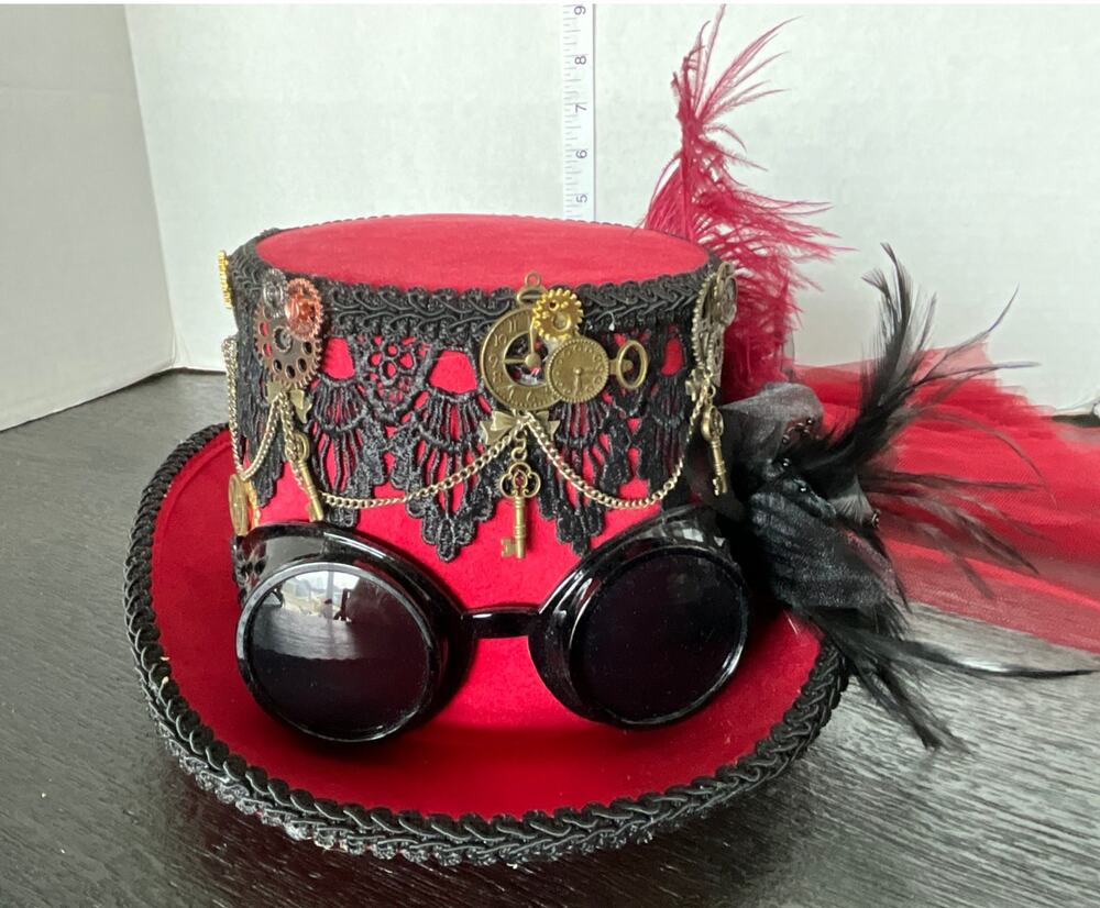 Red and Black Victorian Style  Steampunk top hat